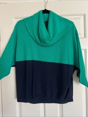 BCBGMaxAzria emerald and Navy Colorblock Cowl Neck Sweater